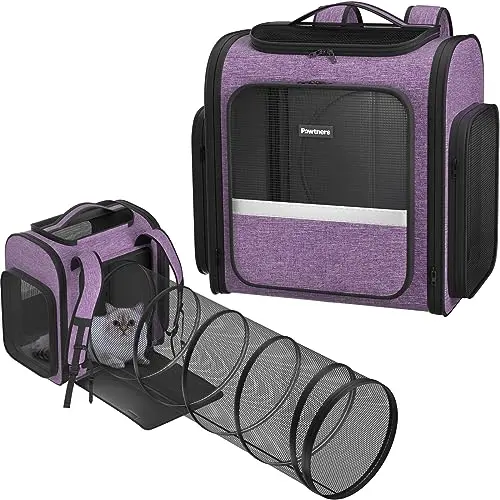 Pawtners cat backpack with attached play tunnel for extended space